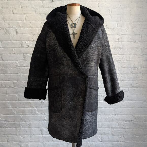Vintage Black Leather Shearling Coat Afghan Fur Minimalist Chic Luxury Jacket - Picture 1 of 11